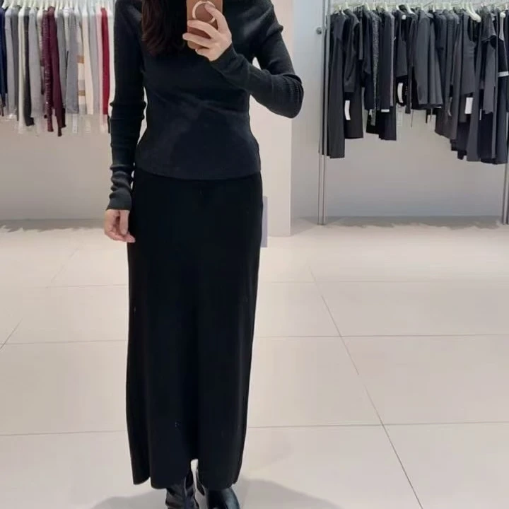 半身裙-135B354009艾家百搭显瘦针织开叉长裙