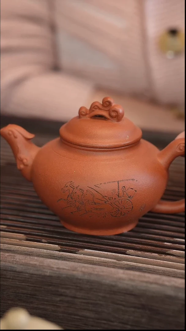 茶壶紫砂凤鸣朝阳 雕刻 红清水 半手工 260cc