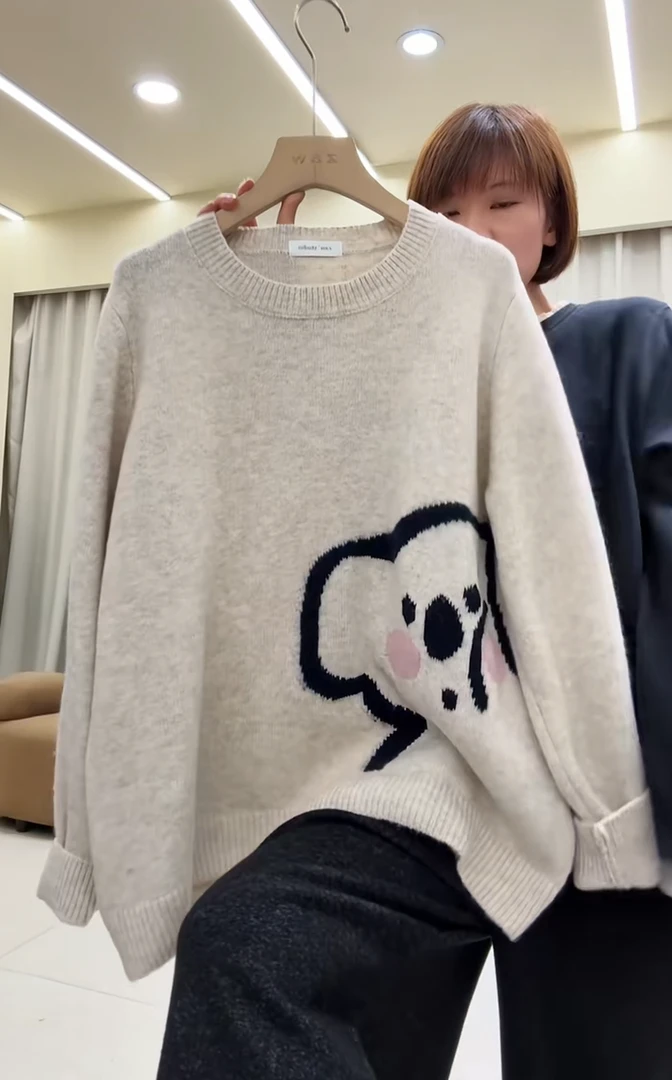 2025秋冬季新款卡通圆领套头时尚百搭毛衣女宽松内搭显瘦上衣