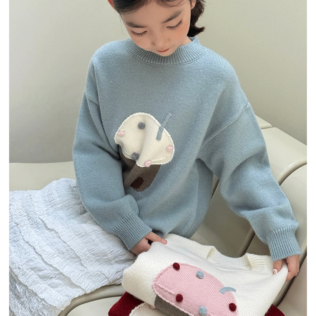 2025冬季新款女童韩版冰淇淋手工织花圆领套头中大童毛衣M25446