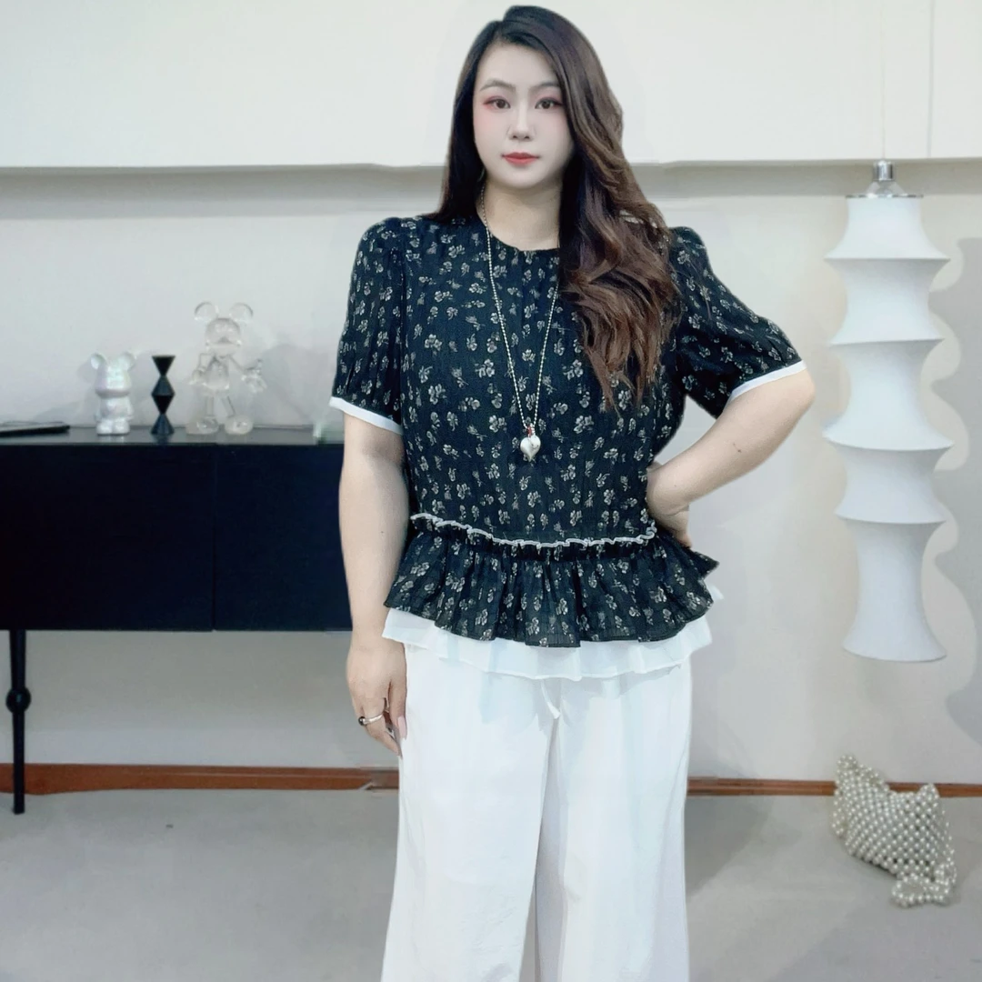 小碎花格格皱双层边女士上衣