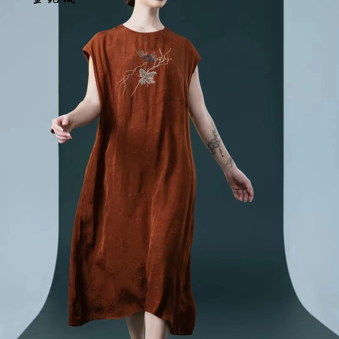 [银杏叶]华莲锦新中式女装连衣裙夏季新款时尚气质重工刺绣妈妈装