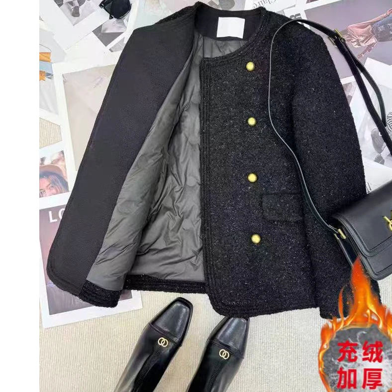 【当天发+运费险】黑色长款亮晶晶加厚保暖充绒内胆精致小香风P2435