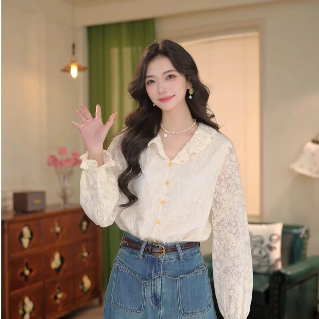 丁佳欣【清酒】复古蕾丝提花长袖百搭宽松衬衫DE0708225