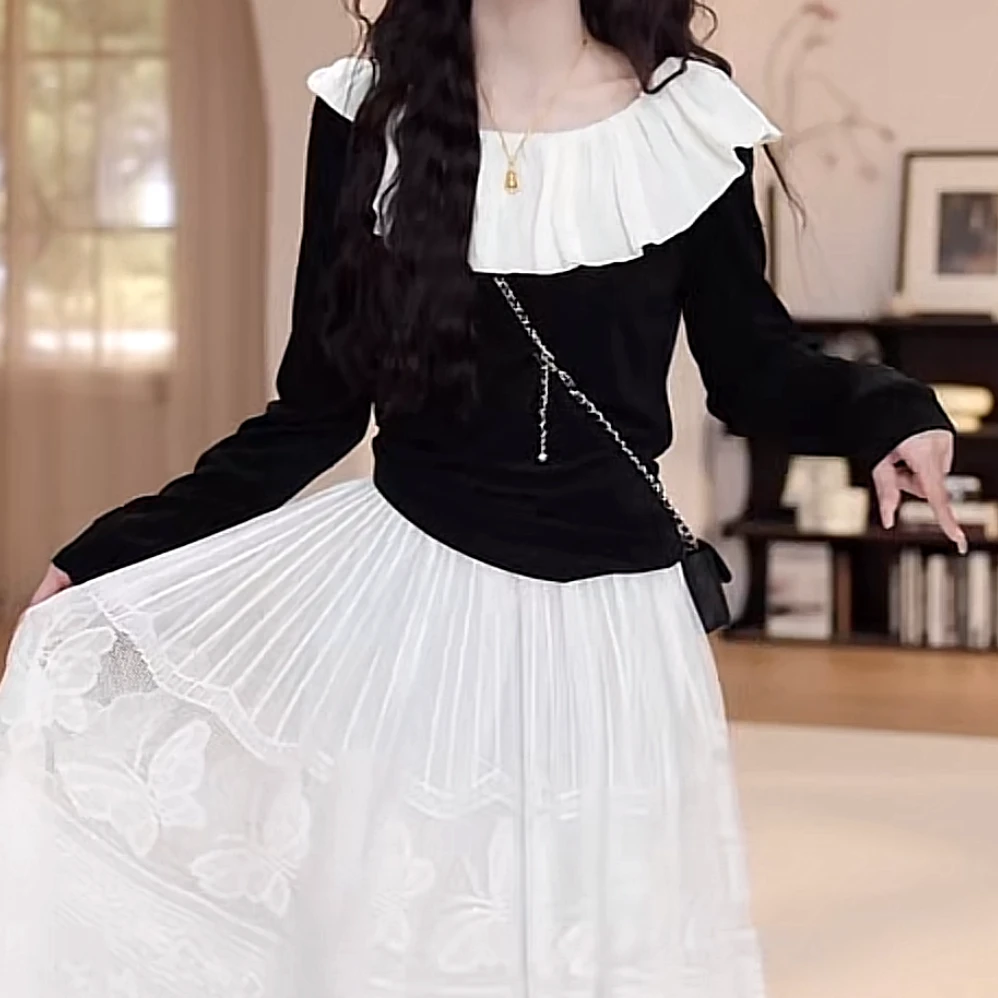 流光纱荷叶领上衣2025新款春季简约时尚甜美气质网纱拼接长袖T恤