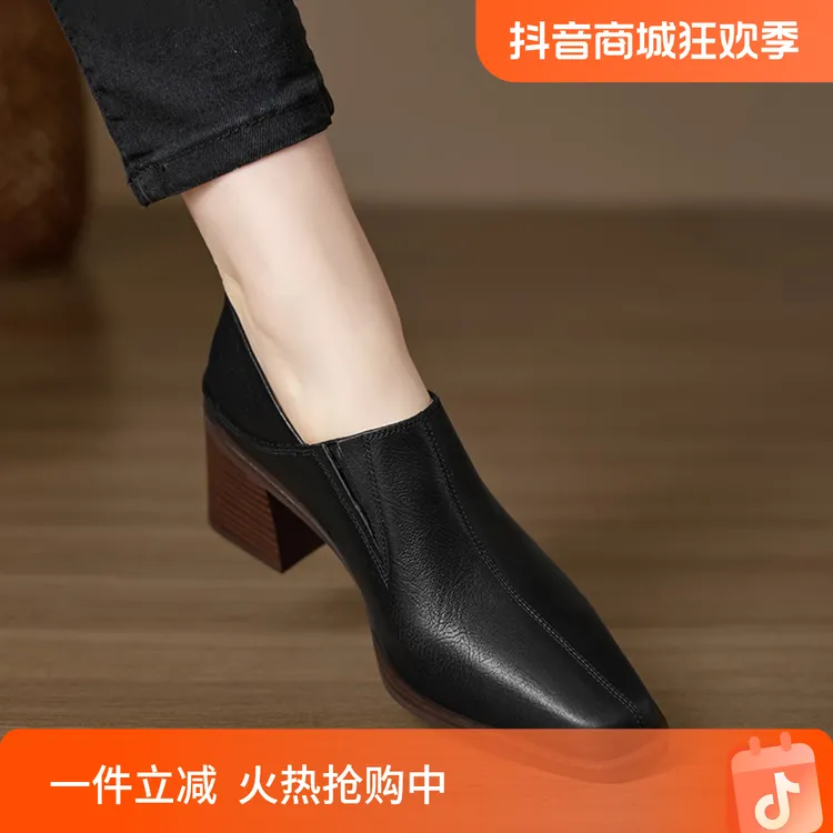 小个子手工女鞋6.5cm~小方头粗跟深口单鞋女2025春季新款小皮鞋