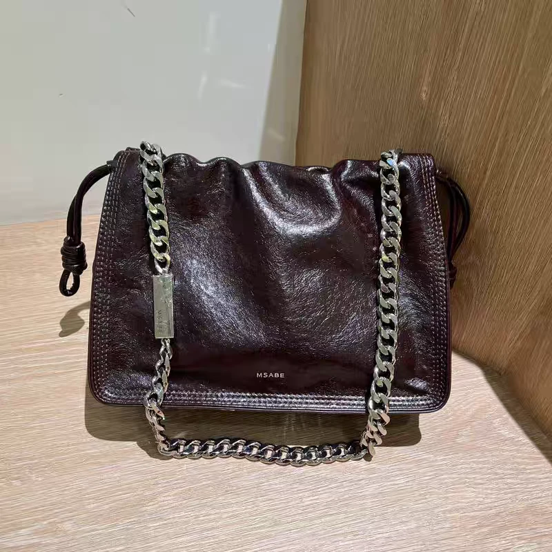 简约风纯色防盗手工托特包斜挎包复古女士褶皱
