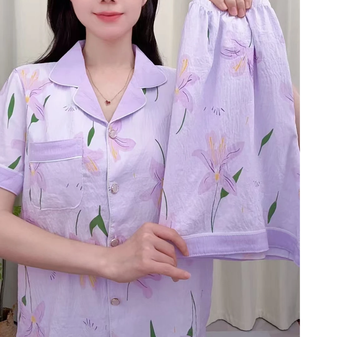 2025专柜短袖胸垫款三件套舒适印花女士夏季睡衣家居服可外穿NN