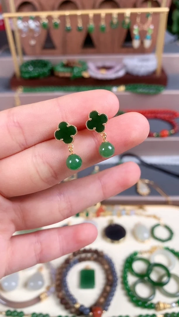 银S925镶嵌和田玉耳饰1