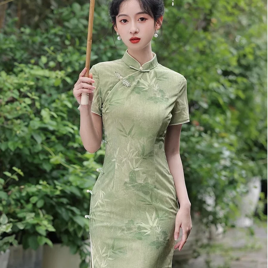 【宓悦-黛绿】2025夏季绿色旗袍日常气质优雅改良新中式少女连衣裙