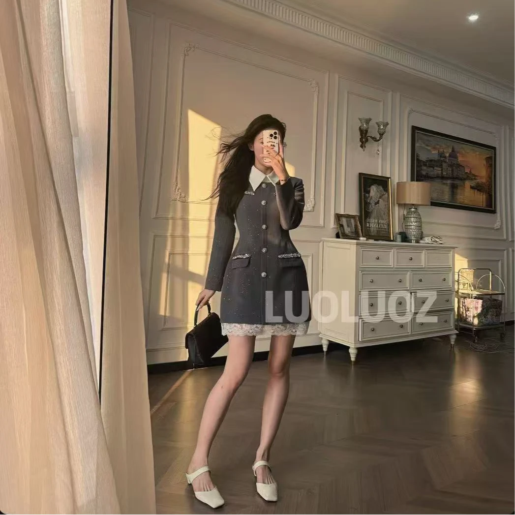 【现货】LUOLUOZ【闪星灰月】气质拼接蕾丝撞色短款时尚连衣裙CC014