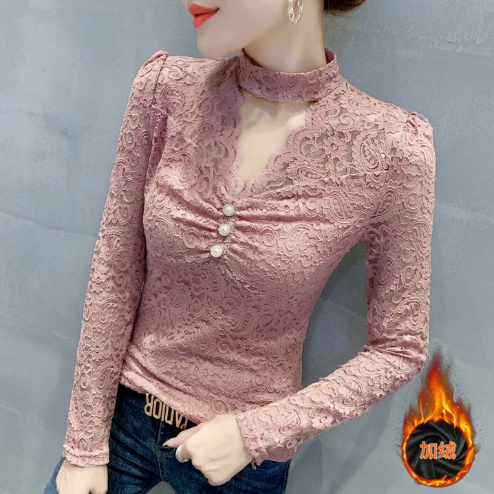 YLY#【常规/加绒】V领T恤女蕾丝女性感长袖打底衫秋季新款DY-DF335