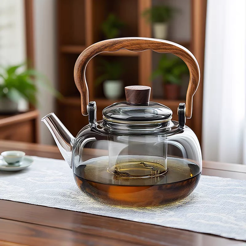 手工胡桃色把手耐高温玻璃提梁壶泡茶煮茶专用烧水壶可加热明火