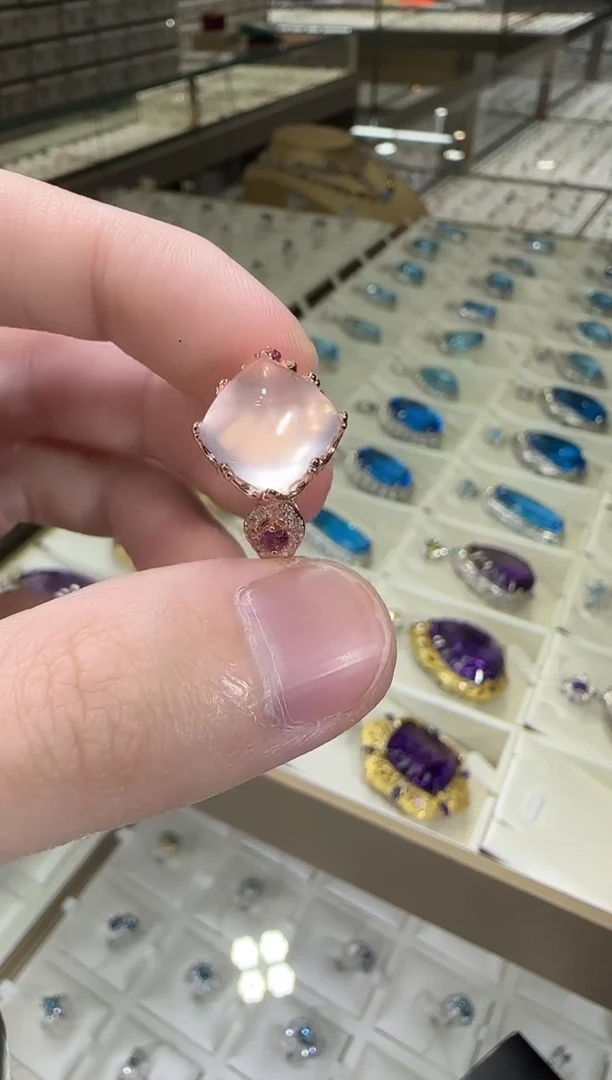 银S925镶嵌戒指芙蓉石11mm戒指糖塔星光粉水晶
