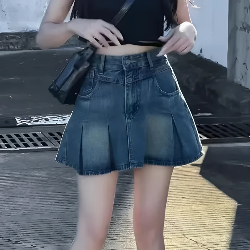 复古蓝牛仔百褶短裙女夏新款高腰大码宽松显瘦遮肚a字半身裙子