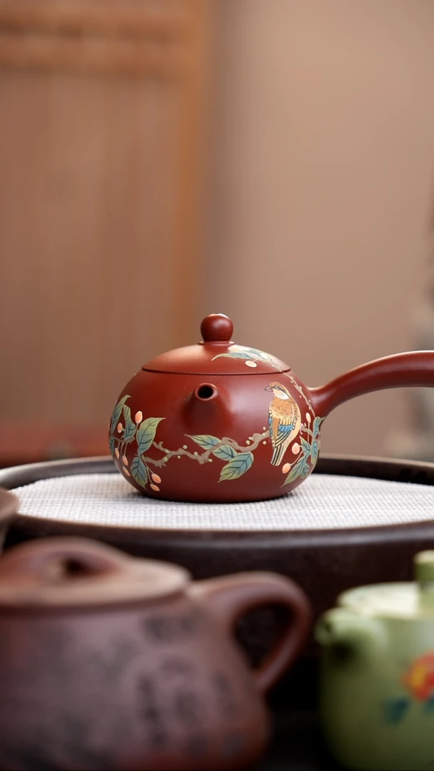 【闪购商品】紫砂茶壶大红袍侧把西施泥绘鸟
