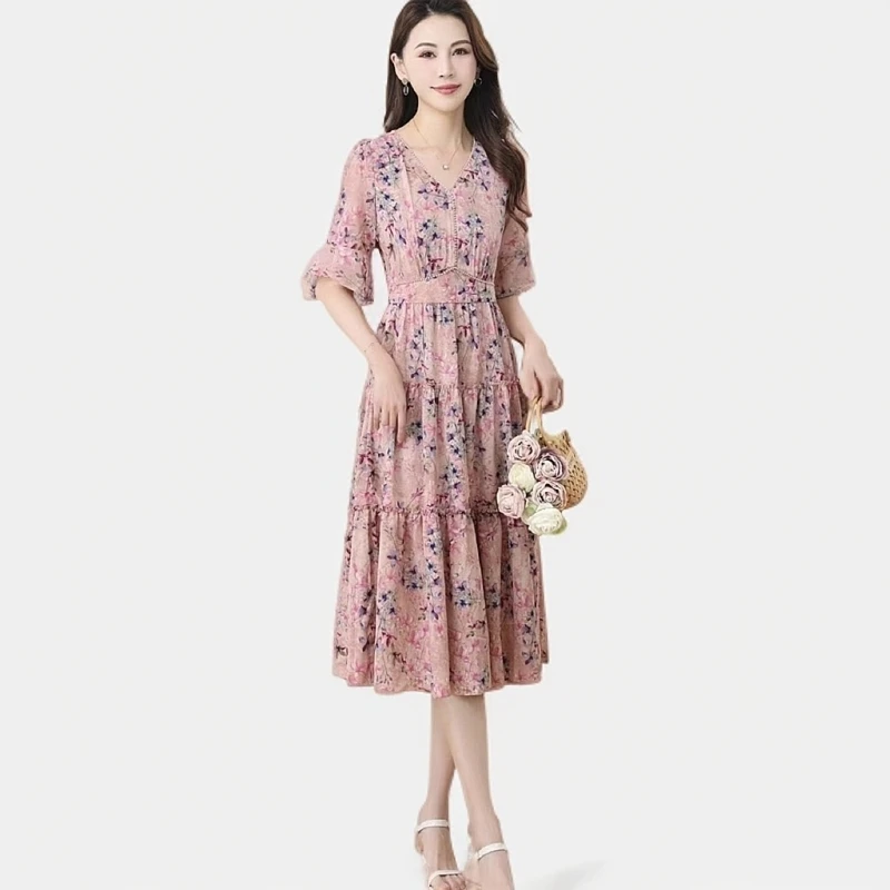 特价款5402款新款法式碎花连衣裙女时尚洋气减龄长款裙长112