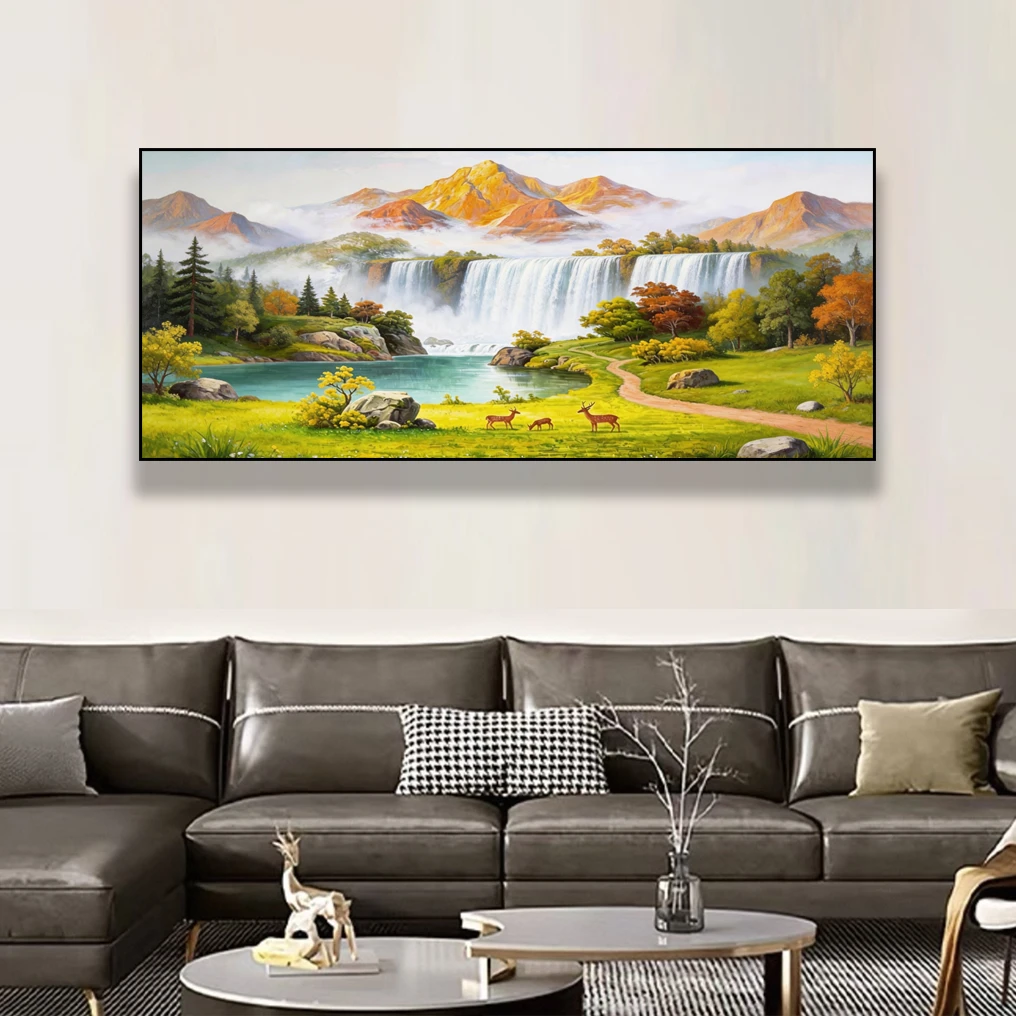 手绘油画【金山聚宝盆】山水风景画轻奢高级沙发背景墙挂画