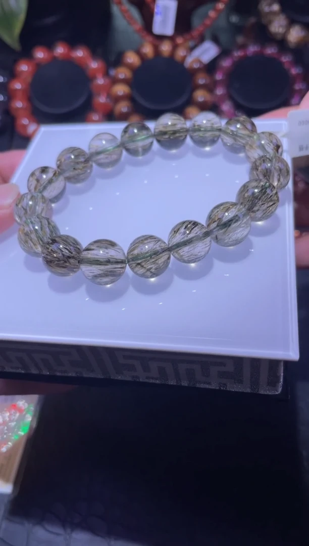 水晶手链未镶嵌12mm绿黑金超七手链单圈