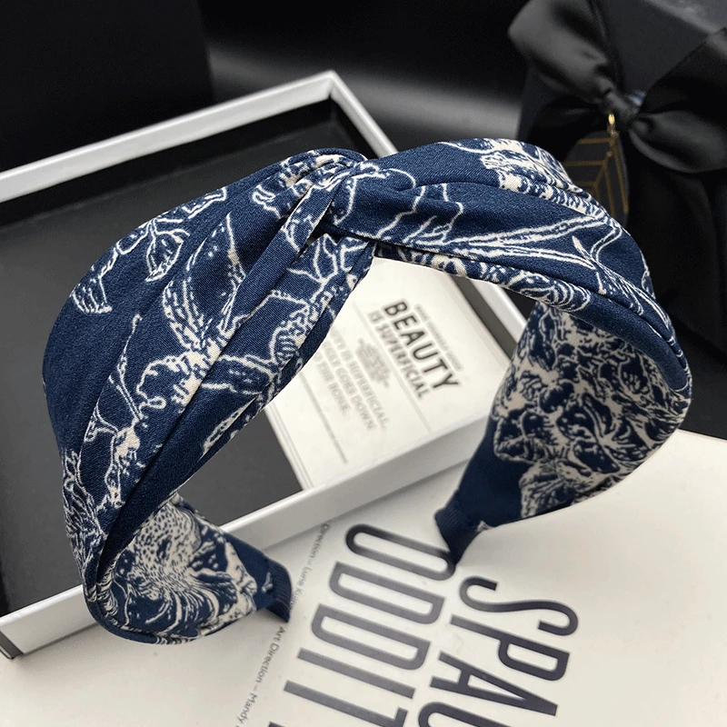 蓝色系列印花交叉气质发卡发箍女时尚宽边高级感小众法式百搭头箍