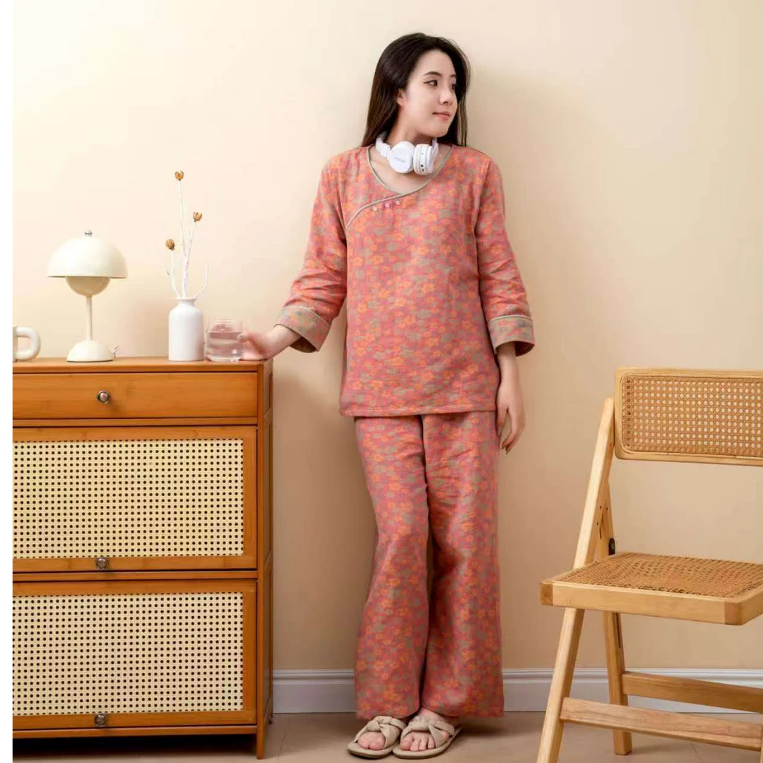 粉色碎花 双层纱 中式 棉长袖 可穿 床盖盖毯