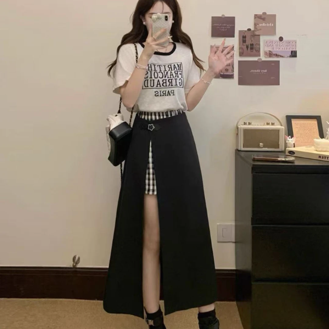 婷婷家夏季休闲短袖T恤+假两件裙裤套装女显瘦酷飒穿搭一整套