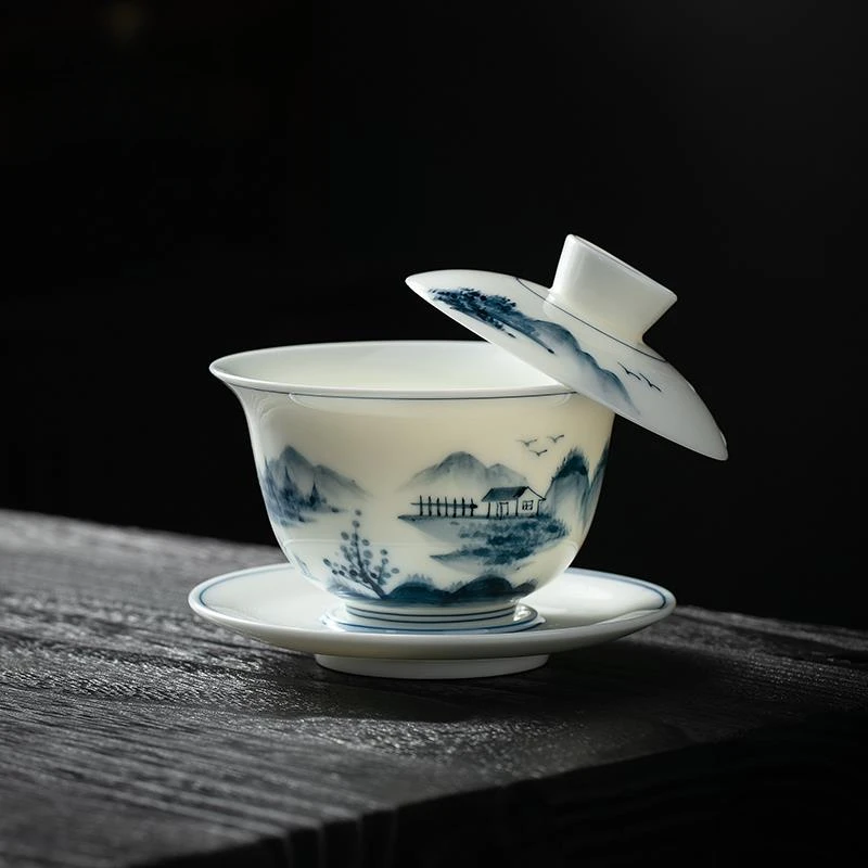 景德镇手绘三才盖碗茶杯单个可悬停功夫陶瓷泡茶器白瓷敬茶碗茶具
