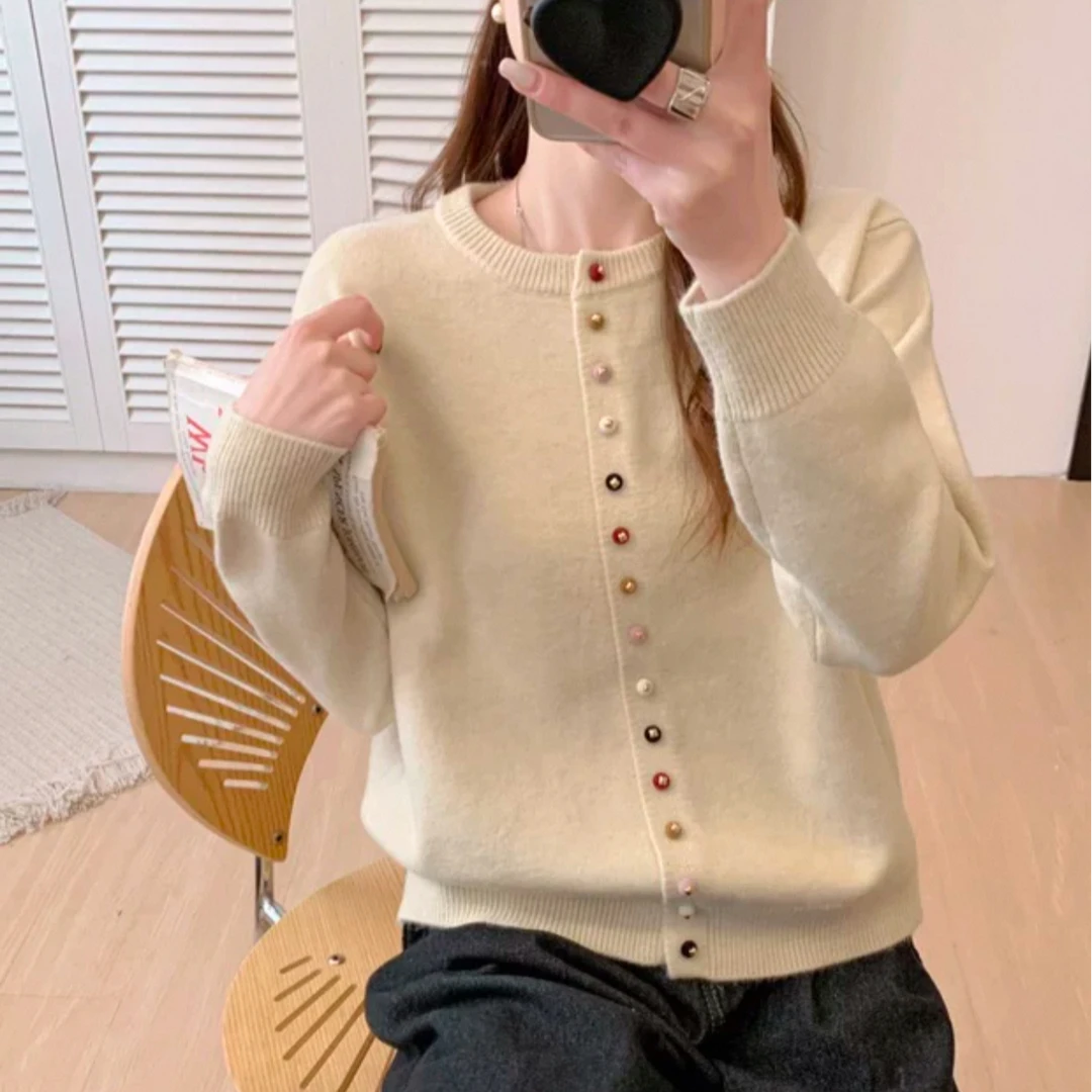 【姚姐定制】8892欧货针织长袖新款设计感多色纽扣圆领休闲开衫