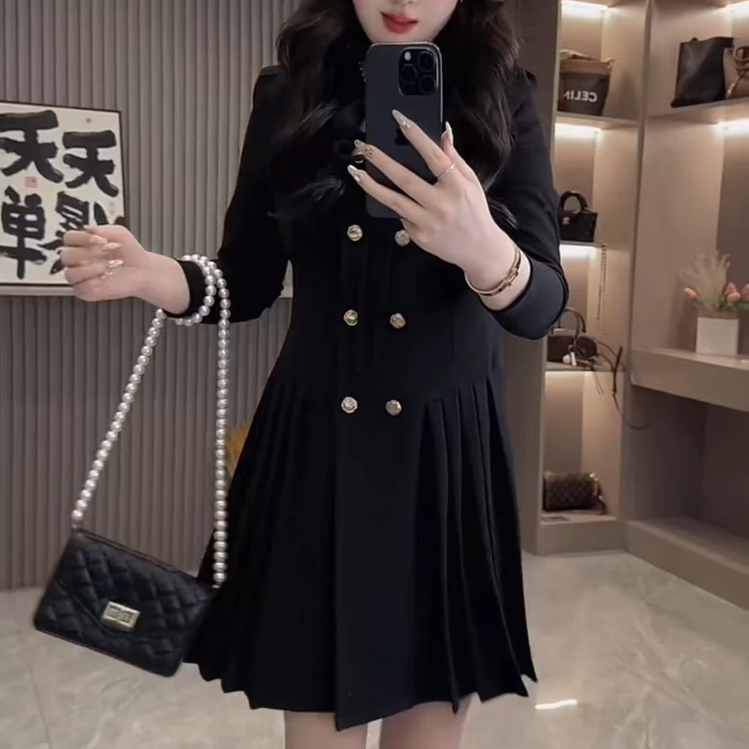 新款时尚高品质洋气气质春季秋季圆领高级感百褶裙女神显瘦连衣裙