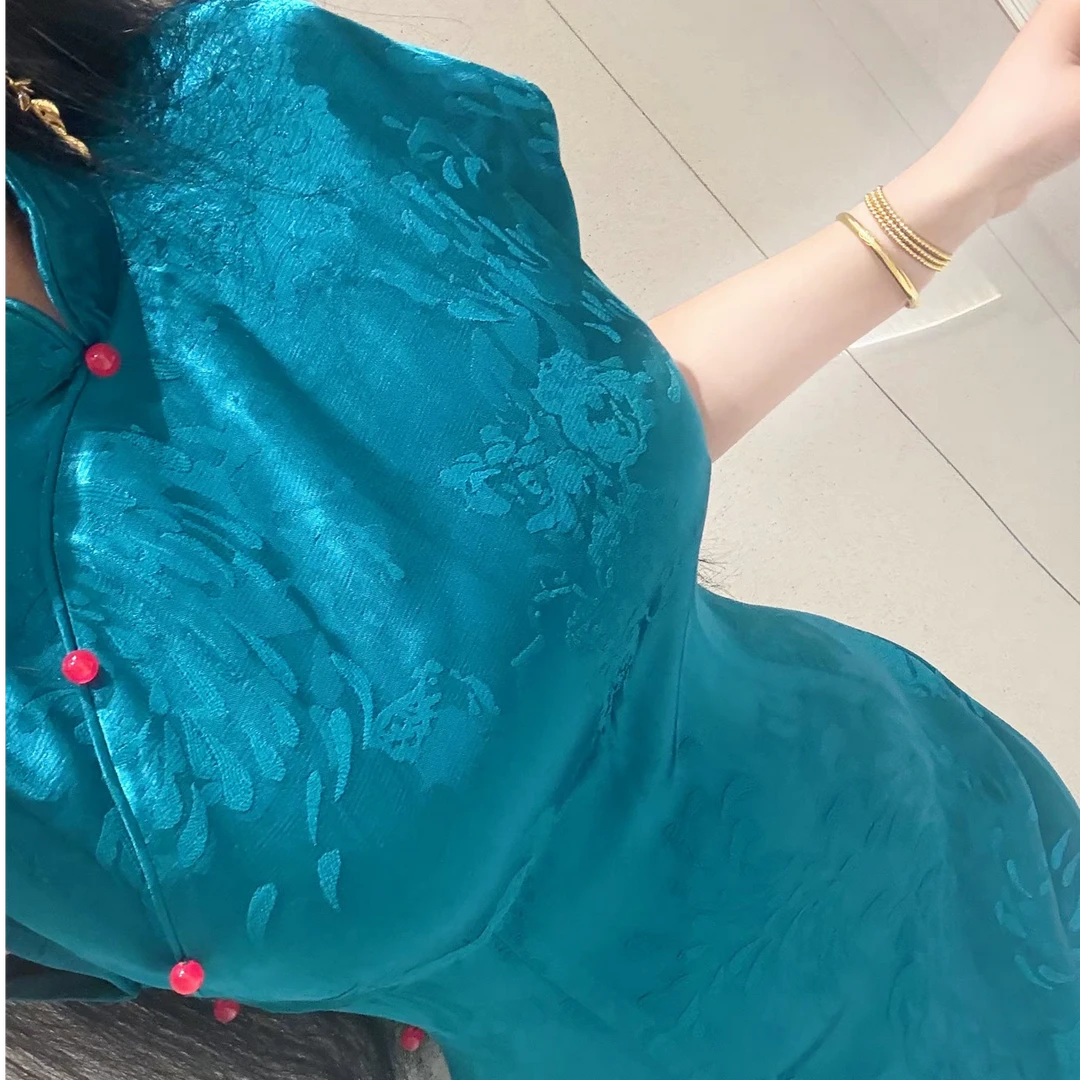 新中式国风旗袍重磅古法改良气质连衣孔雀蓝夫人