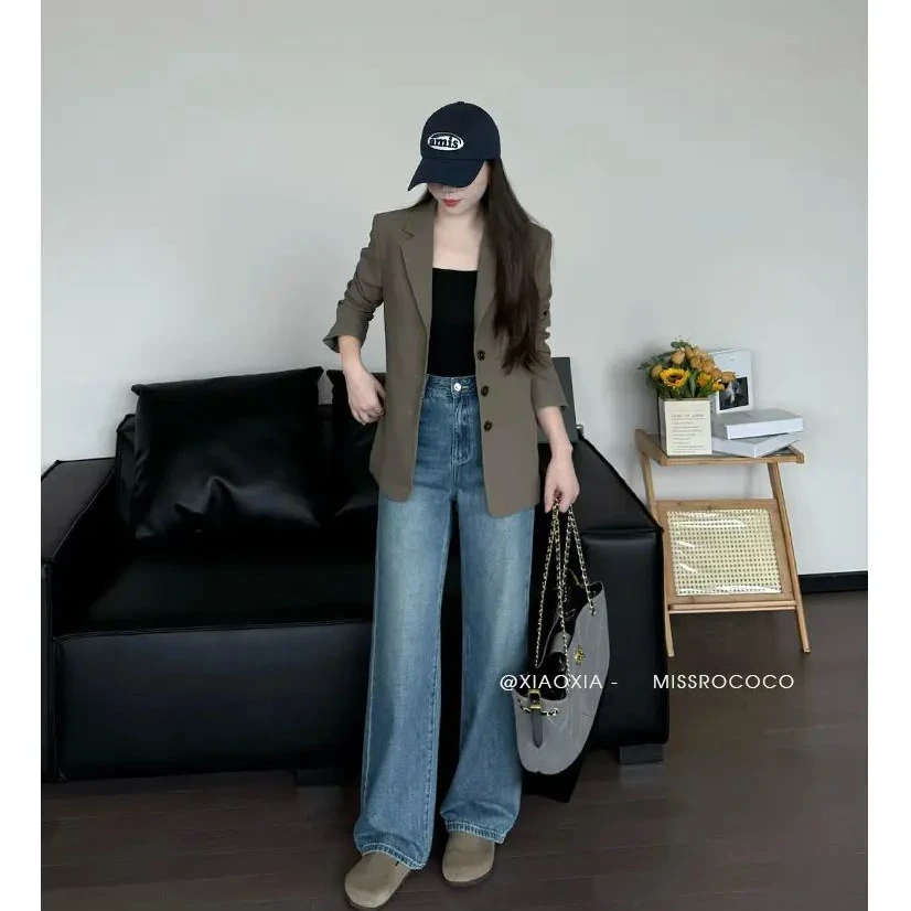 秋季窄版时尚高腰直筒牛仔裤女小个子显高显瘦通勤穿搭九分阔腿裤