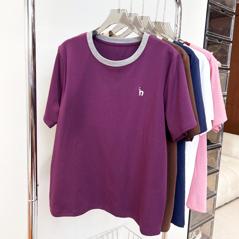 必魅大码撞色T恤2025夏季新款宽松短袖上衣女减龄遮肉体恤54781