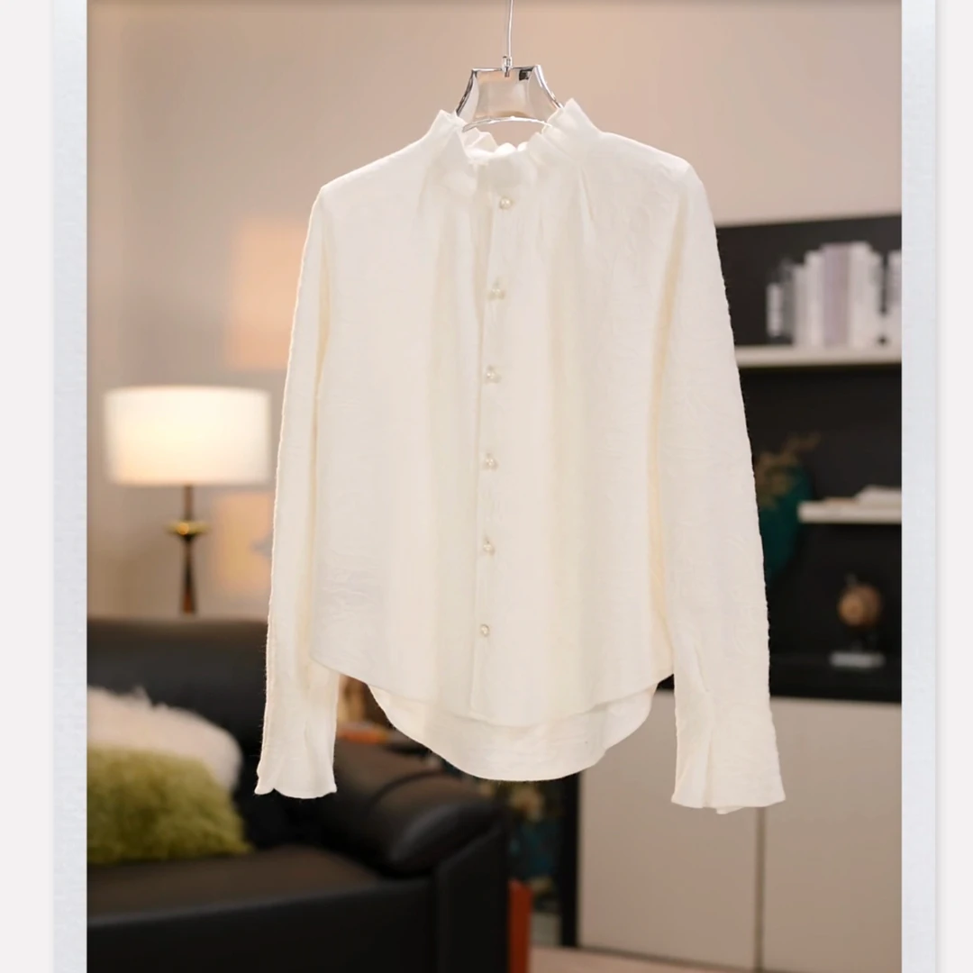 【宫阙绣纹】100羊毛高级感木耳边衬衫毛衣针织衫女冬季新款