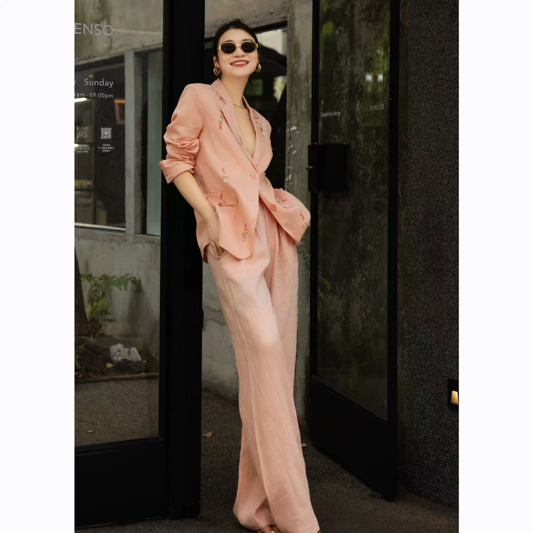 ZEROYK老钱风套装2025夏季设计感手工亮片亚麻宽松西服长裤两件套