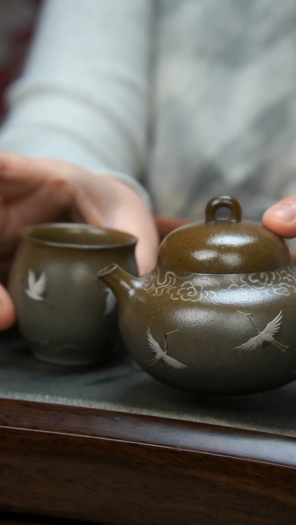 【闪购商品】紫砂茶壶柴烧青色仙鹤壶+杯子