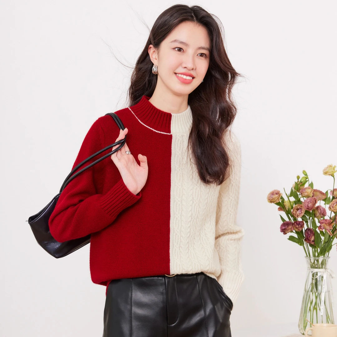 100%绵羊毛撞色百搭时尚女式羊毛衫24DAK0948