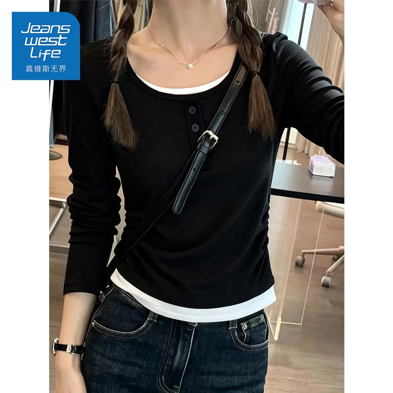 真维斯无界假两件长袖打底衫春款法式修身减龄亲肤休闲优雅上衣S