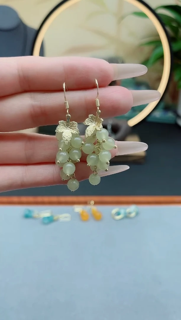 东陵石银S925镶嵌耳饰00葡萄青色