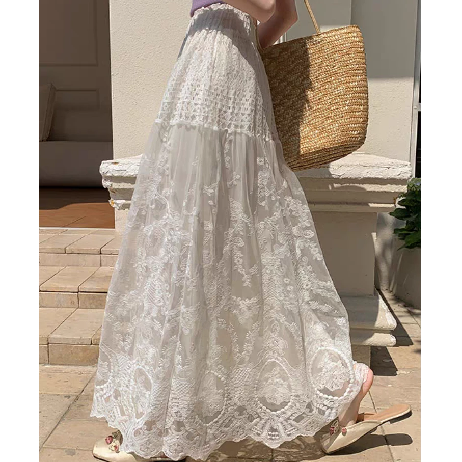 高级温柔风纯色蕾丝半身裙春夏新款A字裙高腰垂感减龄气质中长裙