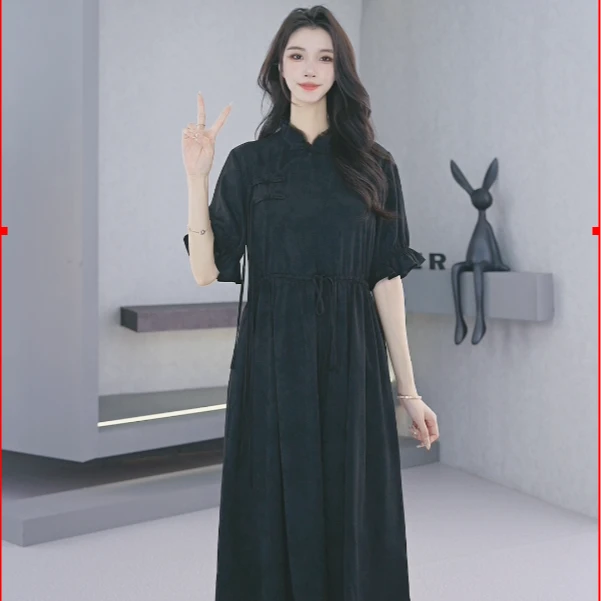 S·DEER圣迪奥女装时尚木耳边圆领盘扣收腰新中式连衣裙S242Z1270