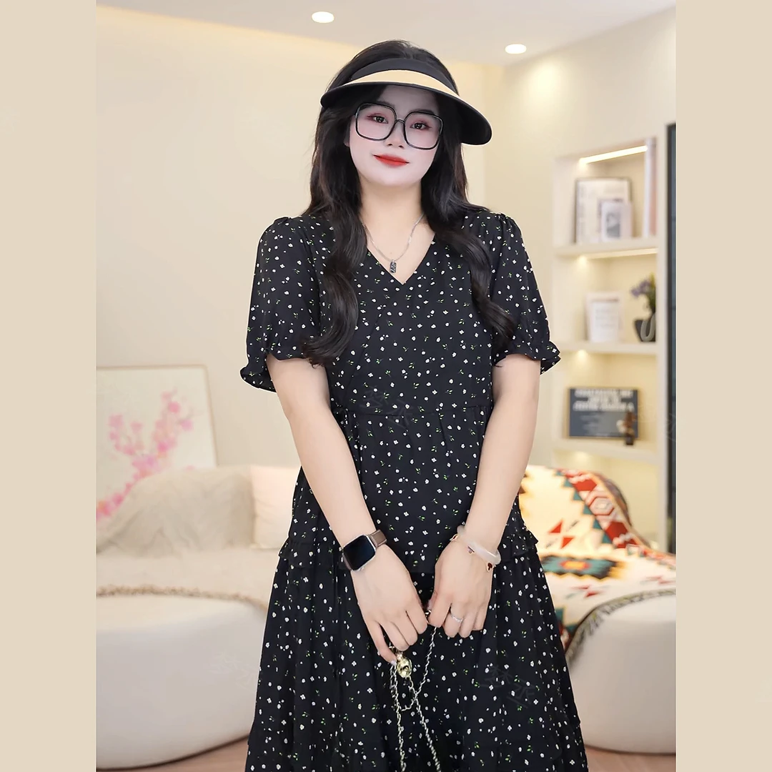 梦丞-大码女装胖mm夏季V领碎花连衣裙宽松遮肉洋气显瘦收腰裙子女