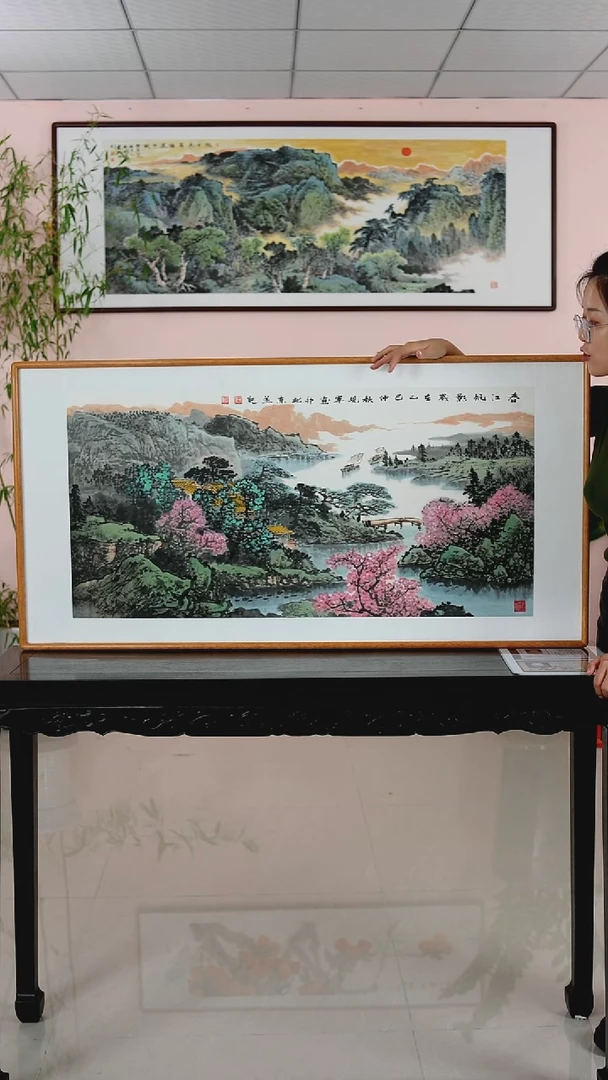 国画张现军《春江帆影》手绘带框122*62厘米