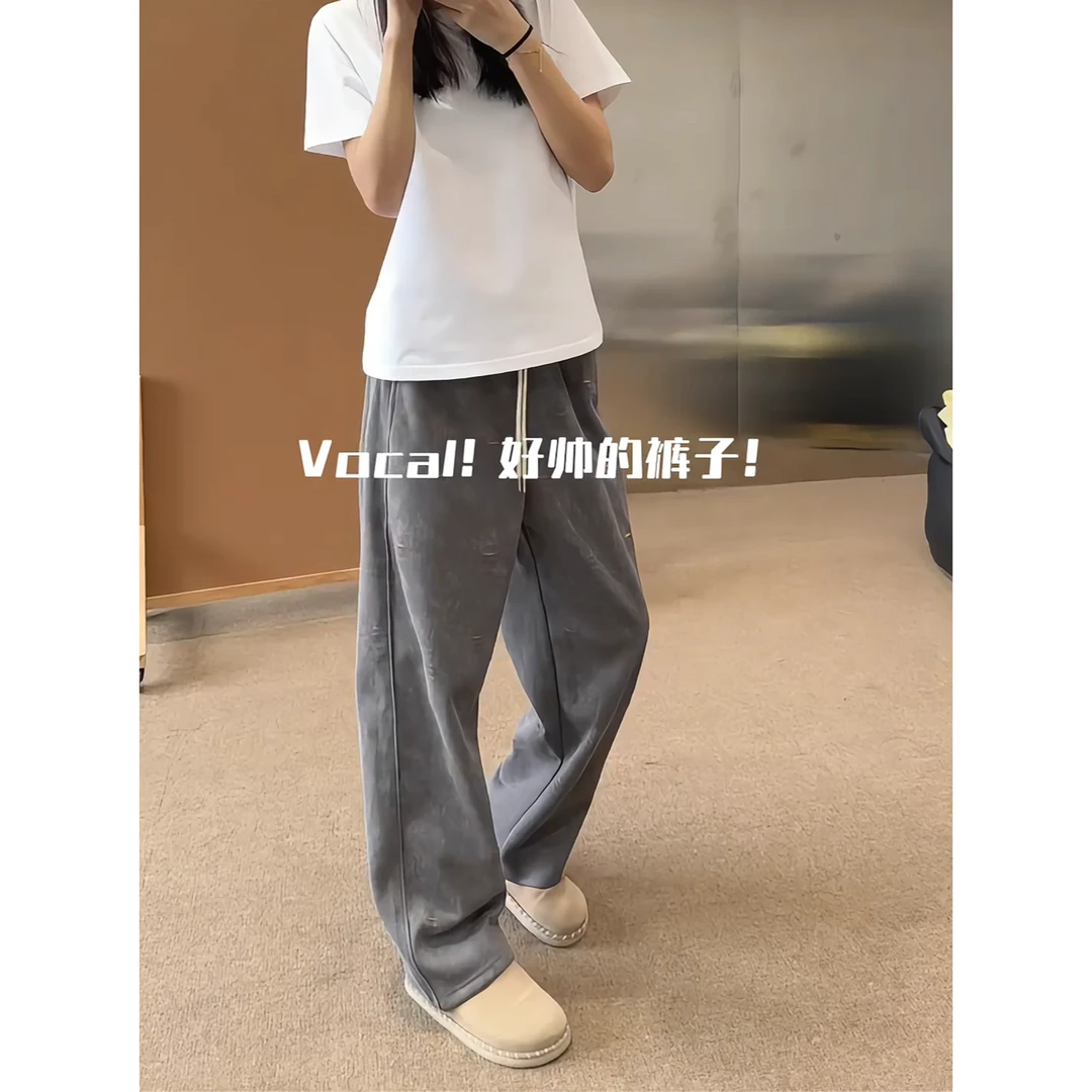 破洞水洗灰色卫裤男美式复古设计感弯刀阔腿裤垂感慵懒松弛感裤子