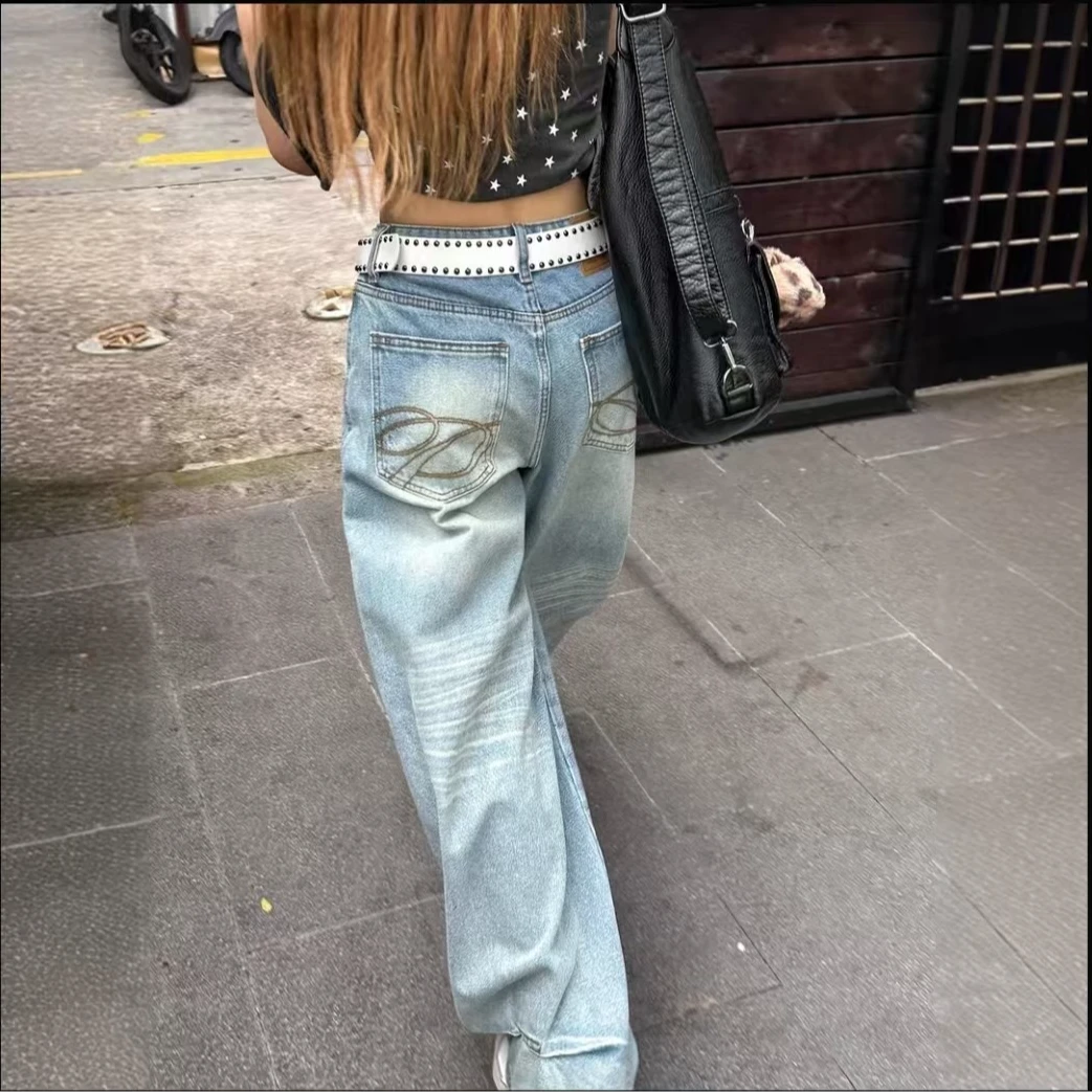 美式高街复古刺绣牛仔裤女夏季新款设计感宽松高腰直筒阔腿裤