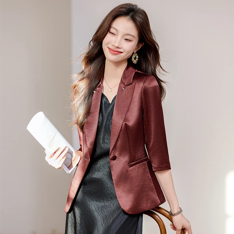 酒红色西装外套女小个子2025春夏季新款高级感薄款七分袖西服套装
