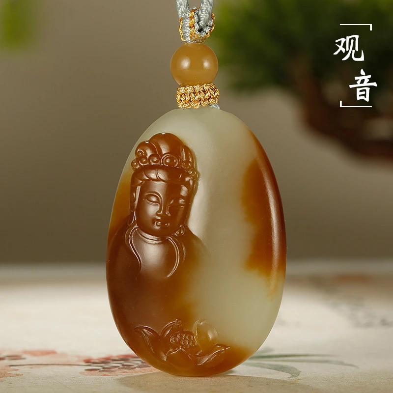 和田玉观音红糖白俏色荷花观自在菩萨吊坠