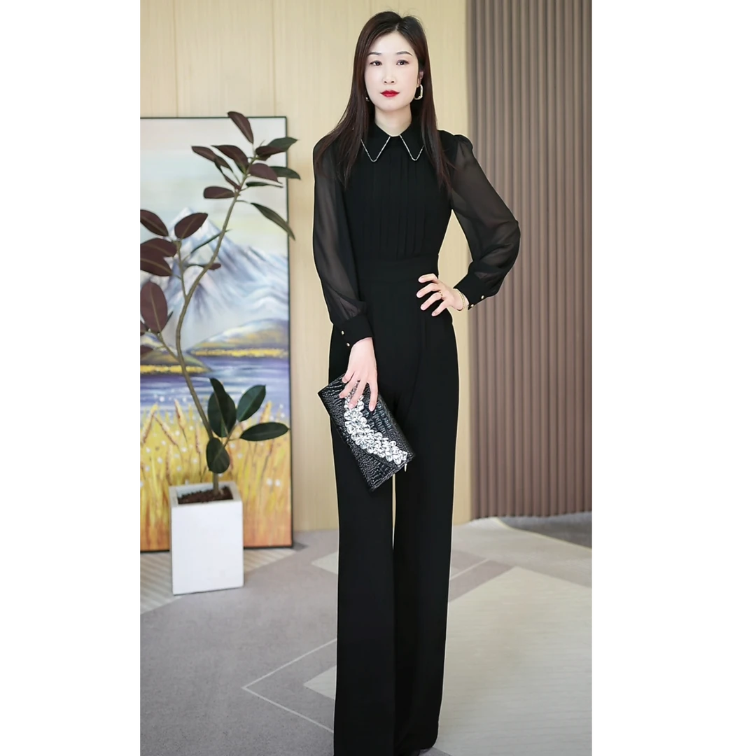 高腰春秋款连体衣长裤时尚女装修身直筒裤名媛显瘦直筒腿轻奢