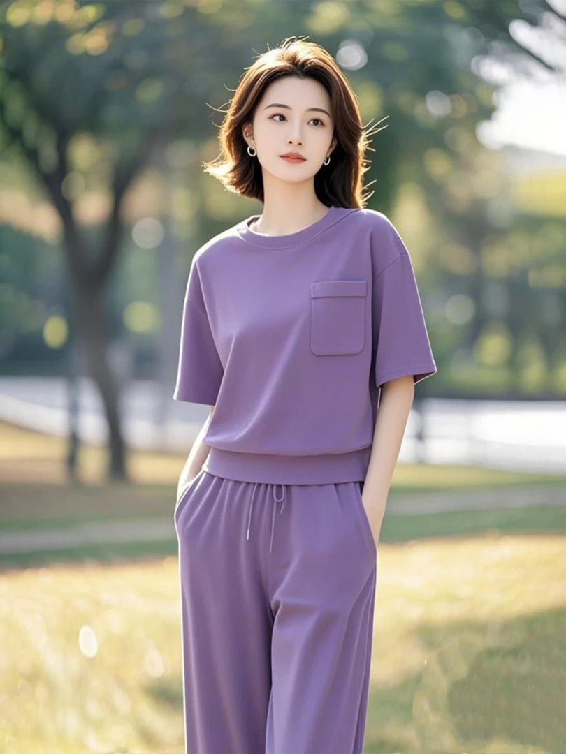 国风女装订制夏季新款时尚休闲洋气显白紫色舒适运动两件套装