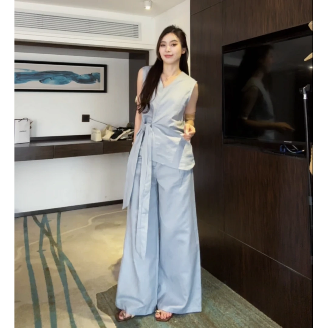 韩国简约百搭3129侧系带V领无袖背心高腰阔腿裤套装女棉麻两件套