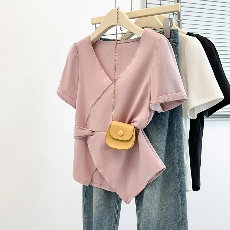 尚秀2025夏季大码女装胖mmV领短袖T恤收腰遮肚不规则上衣64580